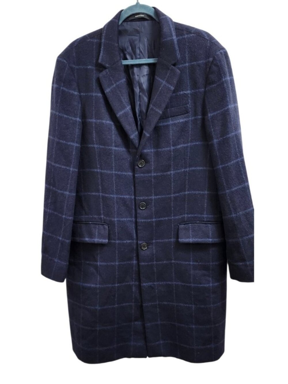 Club Monaco Mantico Wool Blend Overcoat Mens 42 Navy Windowpane Long Coat Jacket - Picture 2 of 16